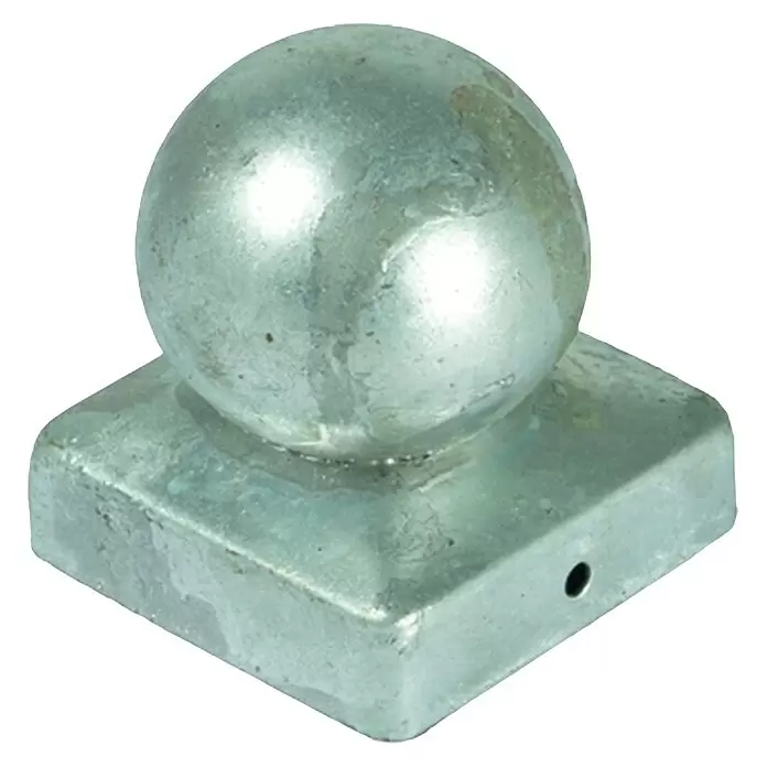 T & J Pfostenkappe - 7 x 7 cm - Verzinkte Metallkugel als Pfostenkappe auf quadratischem Sockel mit Seitenloch.