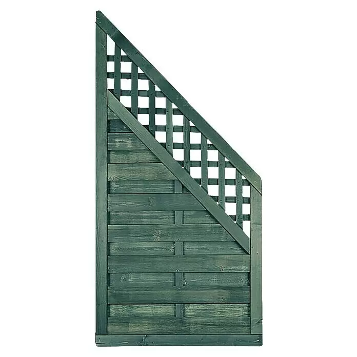T & J Sichtschutzelement Bartek - 90 x 90/180 cm, Holz, Grau - Grünes Gartenzaunfeld aus Holz mit massivem Boden und diagonalem Rankgitter oben.