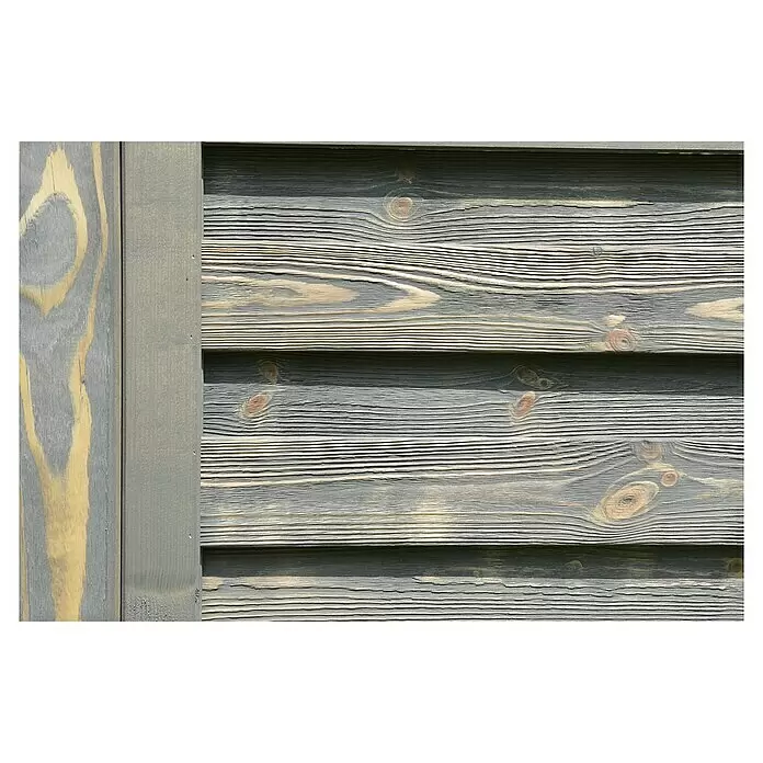 T & J Sichtschutzelement Bartek - 90 x 90/180 cm, Holz, Grau - Graubraune, verwitterte Holzverkleidung mit sichtbarer Maserung und Ästen.