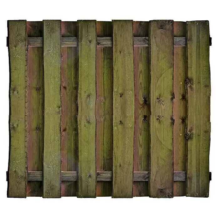 T & J Sichtschutzelement Seeland - B x H: 180 x 150 cm, Holz, Kesseldruckimprägniert braun - Verwitterte Holzzaunplatte mit vertikalen Latten und horizontalen Stützen, zeigt grüne Algen und Holzmaserung.