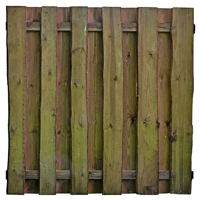 T & J Sichtschutzelement Seeland - B x H: 180 x 180 cm, Holz, Kesseldruckimprägniert braun - Verwitterte Holzlattenzaunplatte mit vertikalen Planken und horizontalen Stützen, in Grün- und Brauntönen.