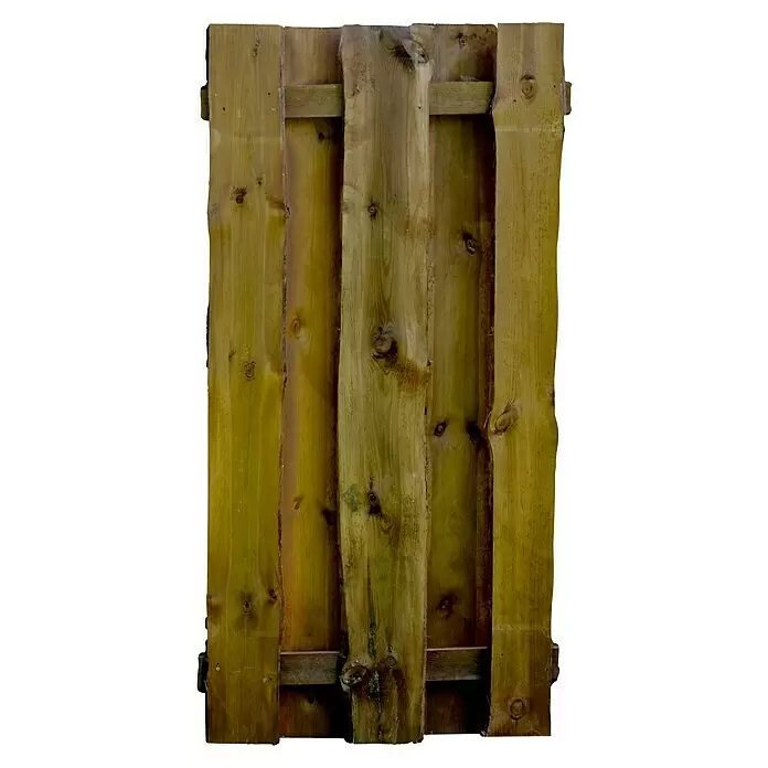 T & J Sichtschutzelement Seeland - B x H: 90 x 180 cm, Holz, Kesseldruckimprägniert braun - Rustikales Holzzaunelement mit vertikalen, naturfarbenen Brettern und horizontalen Stützlatten, Maserung und Äste sichtbar.