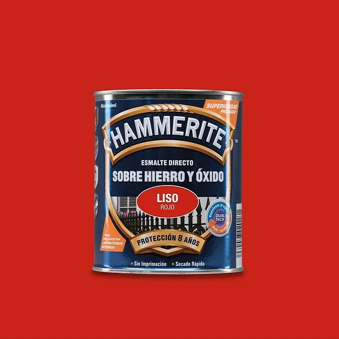 Hammerite Esmalte para metal Hierro y Óxido - Rojo, 750 ml, Efecto liso - Lata de pintura de esmalte rojo Hammerite Directo al óxido, ofrece 8 años de protección, ideal para superficies metálicas.