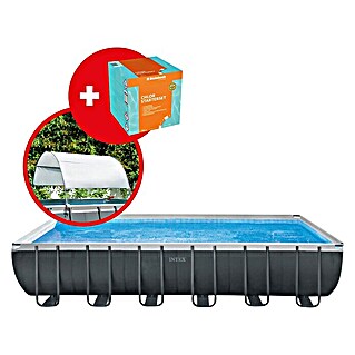 Intex Frame-Pool-Set Ultra Quadra XTR (L x B x H: 732 x 366 x 132 cm, 33,2 m³, Dunkelgrau, Inkl. Salzwassersystem/Chlor-Starter-Set/Poolüberdachung)