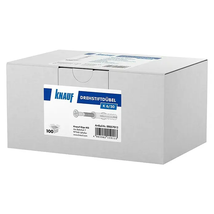 Knauf Drehstiftdübel K6/50 - Länge: 50 mm, 100 Stk. - Eine Packung Knauf Drehverschlussdübel K 6/50, ideal für Befestigungen im Trockenbau. Praktisch für Heimwerker und Profis.