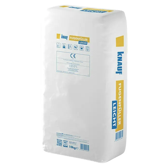 Knauf Fugenspachtel Leicht - 10 kg - Eine Nahaufnahme eines Sackes Knauf Fugenfüller Leicht, der zum Füllen von Fugen verwendet wird, ideal für Gipskartonplatten.