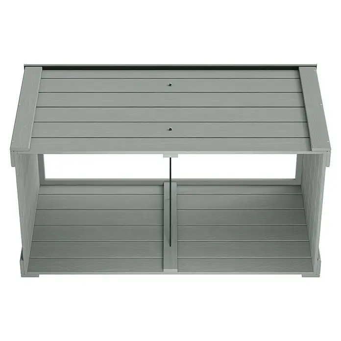 Hochbeet Cardus150 x 79 x 76 cm, Holz, Hellgrau - Aufnahme eines grauen Gerätehauses mit horizontaler Holzverkleidung, ideal für die Aufbewahrung im Freien und zur Organisation des Gartens.