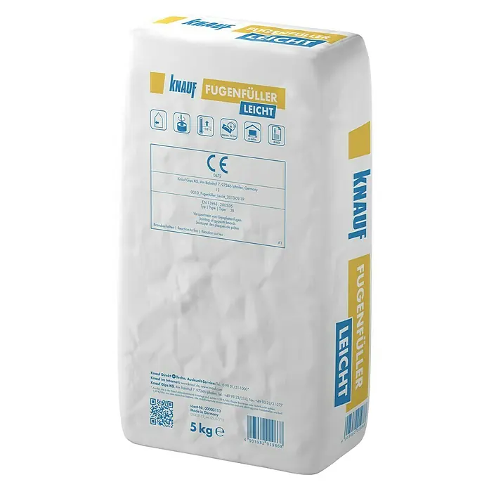 Knauf Fugenspachtel Leicht - 5 kg - Bild eines 5 kg Sackes Knauf Fugenfüller Leicht, einer Spachtelmasse zum Verfugen von Gipskartonplatten, ideal für glatte Oberflächen.