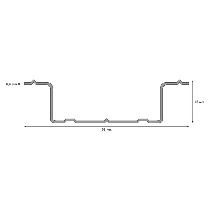Knauf Hut-Deckenprofil - 2.600 x 98 x 15 mm, Stahl - Eine technische Zeichnung eines U-förmigen Profils mit Maßangaben. Das Profil ist 98 mm breit und 15 mm hoch.