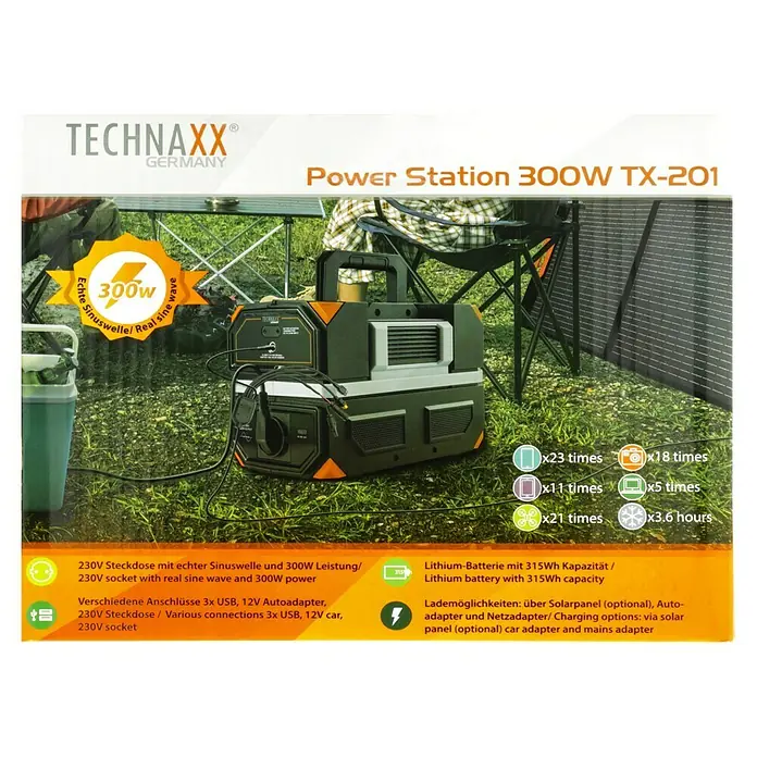 Technaxx Powerstation TX-201 - 315 Wh, Schwarz - Eine Technaxx Power Station 300W TX-201, eine tragbare Stromquelle mit 230V Steckdose, Lithium-Batterie und verschiedenen Anschlüssen.