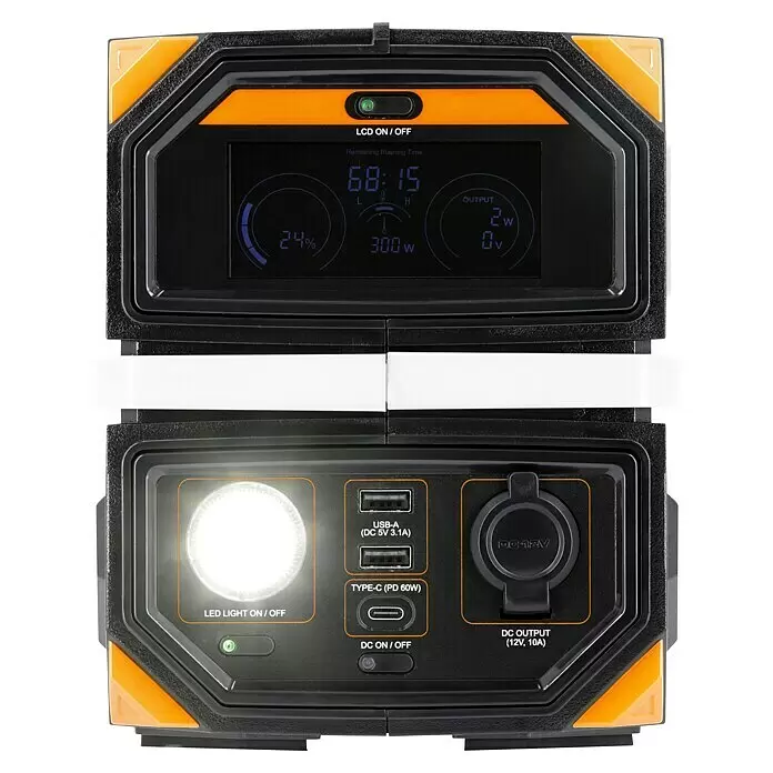 Technaxx Powerstation TX-201 - 315 Wh, Schwarz - Schwarz-orange tragbare Powerstation mit Digitalanzeige für Reststrom und Ausgang, mit LED-Licht, USB-A, Typ-C und DC-Ausgängen.