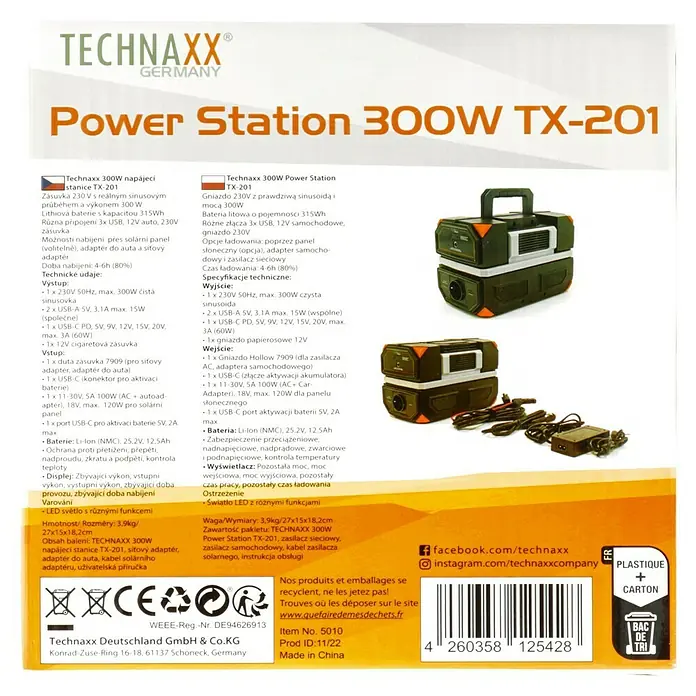 Technaxx Powerstation TX-201 - 315 Wh, Schwarz - Abbildung einer Technaxx 300W Power Station TX-201, einer tragbaren Stromquelle mit verschiedenen Anschlüssen.