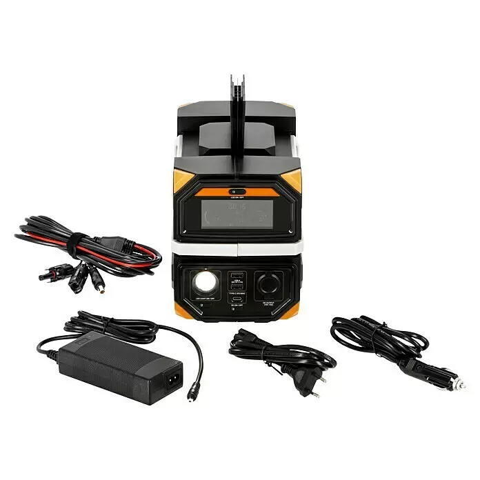 Technaxx Powerstation TX-201 - 315 Wh, Schwarz - Schwarze und orangefarbene tragbare Powerstation mit verschiedenen Ladekabels und Adaptern.