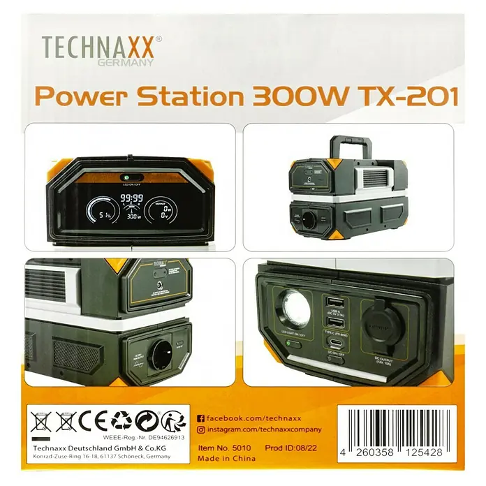 Technaxx Powerstation TX-201 - 315 Wh, Schwarz - Abbildung einer Technaxx Power Station 300W TX-201, einer tragbaren Stromquelle für den Einsatz im Freien.