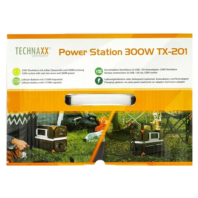 Technaxx Powerstation TX-201 - 315 Wh, Schwarz - Abbildung der Technaxx Power Station 300W TX-201 mit Informationen zu Steckdosen, Akku und Lademöglichkeiten.