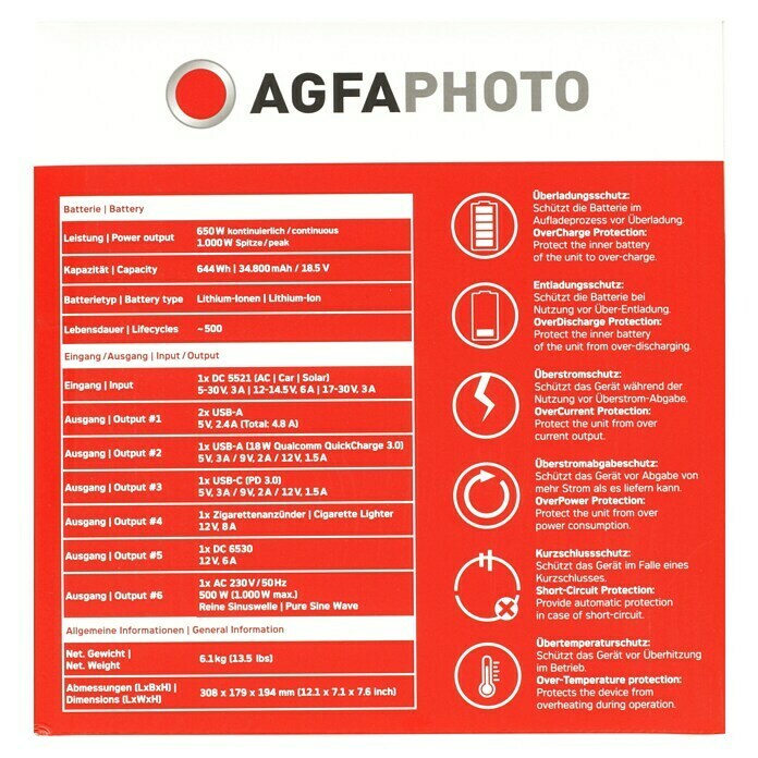Agfaphoto Powerstation PPS 600 PRO (644 Wh, Nennleistung: 650 W, Max.  Leistung: 1.000 W)