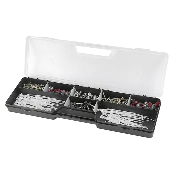 Lockweiler Werkzeugkoffer Tool Box DC 202 - L x B x H: 39 x 49 x 19 cm, Polypropylen, Ohne Werkzeug - Eine offene Werkzeugkiste zeigt verschiedene Schrauben, Bolzen und Kabelbinder, die ordentlich in separaten Fächern angeordnet sind.