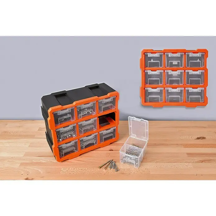 Lockweiler Kleinteilemagazin MR 938 - Anzahl Fächer: 9 Stk. - Dieser Artikel zeigt eine Schrauben-Aufbewahrungsbox mit durchsichtigen Schubladen und orangefarbenem Gehäuse, ideal zum Organisieren kleiner Hardware.