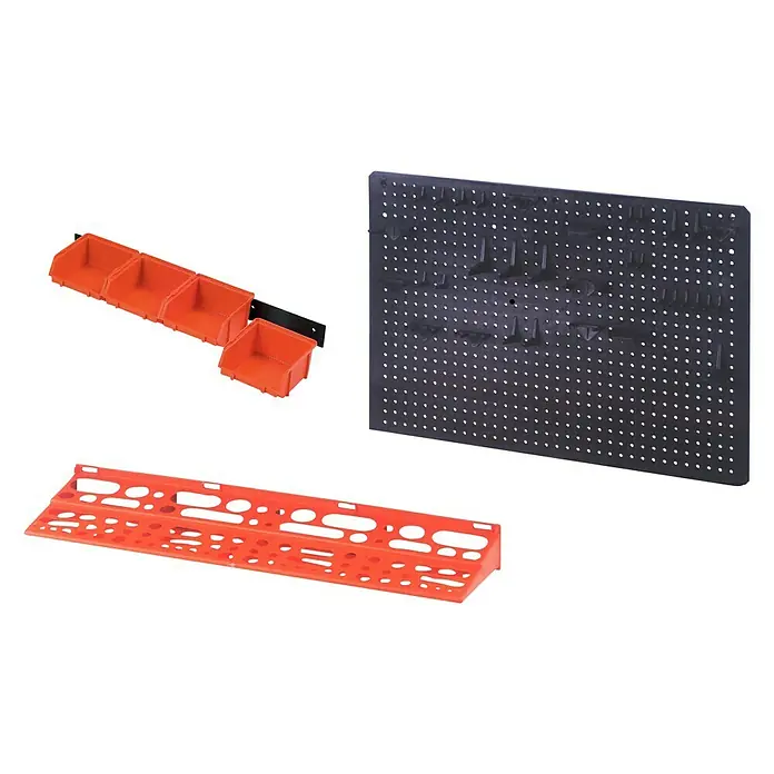 Lockweiler Lochwand-Set Tool Panel PG 1192 - 25 -tlg., B x H: 57 x 8 cm - Ein orangefarbener Werkzeughalter mit Fächern, eine Lochplatte und eine orangefarbene Werkzeugablage, ideal für die Werkstatt.