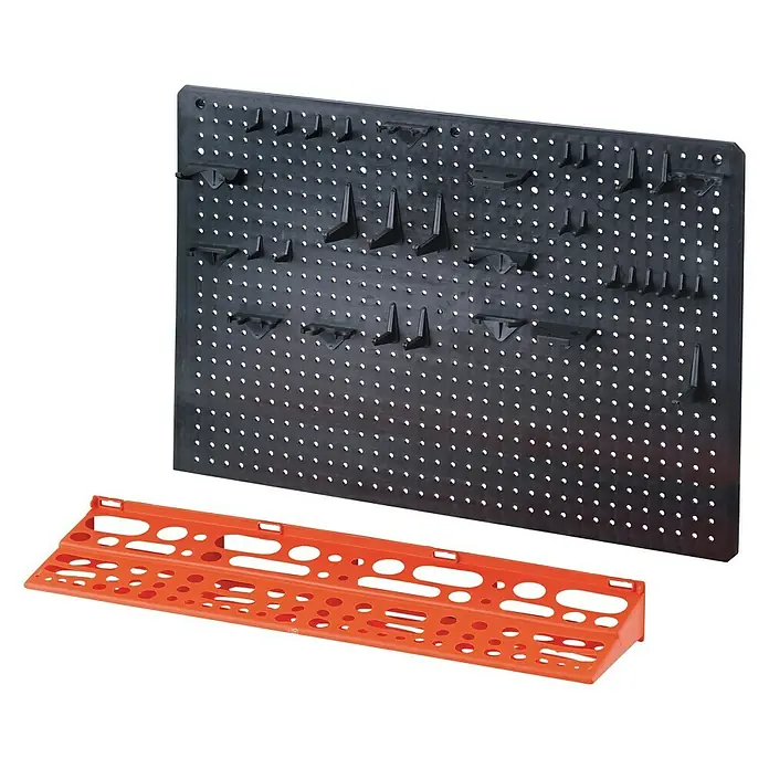 Lockweiler Lochwand-Set Tool Panel PG 1190 - 20 -tlg., B x H: 28 x 1,5 cm - Schwarze Werkzeugwand mit orangefarbener Werkzeugleiste zur übersichtlichen Aufbewahrung von Werkzeugen und Zubehör in der Werkstatt.