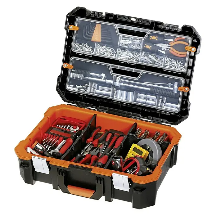 Lockweiler Werkzeugkoffer Tool Box DC 202 - L x B x H: 39 x 49 x 19 cm, Polypropylen, Ohne Werkzeug - Offener Werkzeugkasten mit Werkzeugen. Der Werkzeugkasten ist schwarz und orange mit transparenten Fächern.