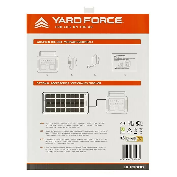 Yard Force Powerstation LX PS300 - 296 Wh, Nennleistung: 300 W, Max. Leistung: 550 W - Diagramm einer tragbaren Powerstation (LX PS300) mit Zubehör (Auto-/Wandladegeräte, Handbuch) und optionalem Solarpanel zum umweltfreundlichen Laden.