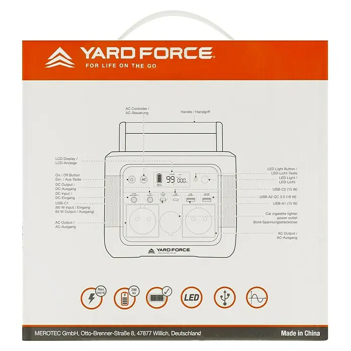 Yard Force Powerstation LX PS300 - 296 Wh, Nennleistung: 300 W, Max. Leistung: 550 W - Tragbare YARD FORCE Powerstation mit LCD-Anzeige, USB- und AC-Anschlüssen für den mobilen Einsatz.