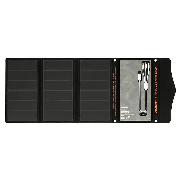 Yard Force Cargador solar LX PB21 - 48,1 Wh, 65 x 28,5 x 1,5 cm - Power bank solar AMIRO 21W negro desplegado con paneles solares, cables de carga y detalles del producto en un compartimento.