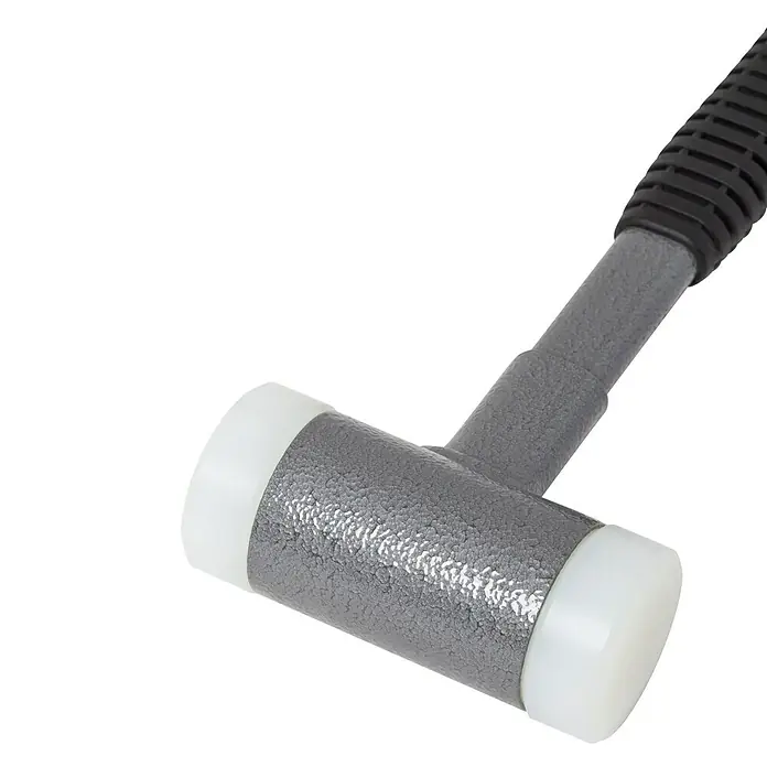 Halder Supercraft Schonhammer - Durchmesser Kopf: 50 mm, Hart - Abgebildet ist ein Schonhammer mit einem grauen, texturierten Kopf und weißen Schlagflächen, ideal für schonende Arbeiten.