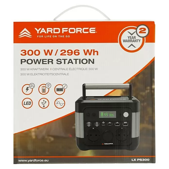 Yard Force Powerstation LX PS300 - 296 Wh, Nennleistung: 300 W, Max. Leistung: 550 W - Verpackung der YARD FORCE 300W/296Wh Power Station mit dem schwarz-silbernen tragbaren Gerät, Display und Anschlüssen, betont 2 Jahre Garantie.