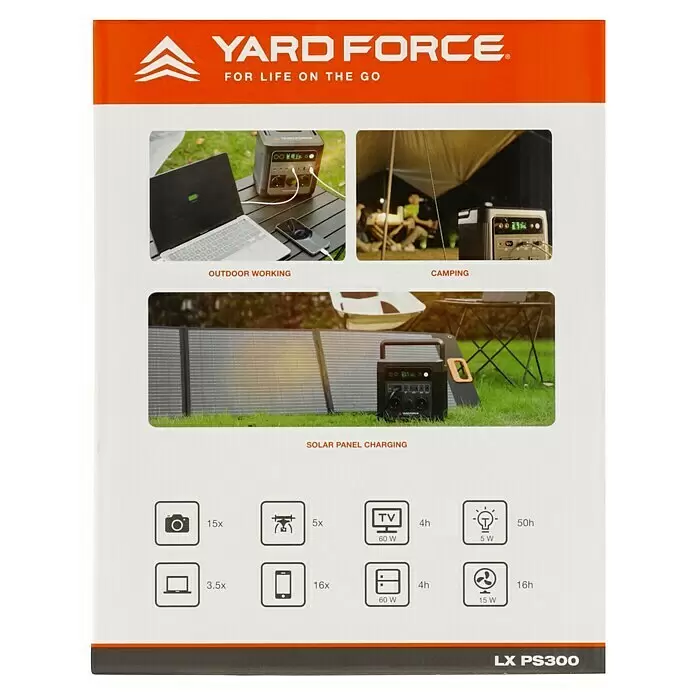 Yard Force Powerstation LX PS300 - 296 Wh, Nennleistung: 300 W, Max. Leistung: 550 W - YARD FORCE LX PS300 tragbare Powerstation (schwarz/grau) für Outdoor-Aktivitäten und Geräte, mit Solar-Ladefähigkeit.