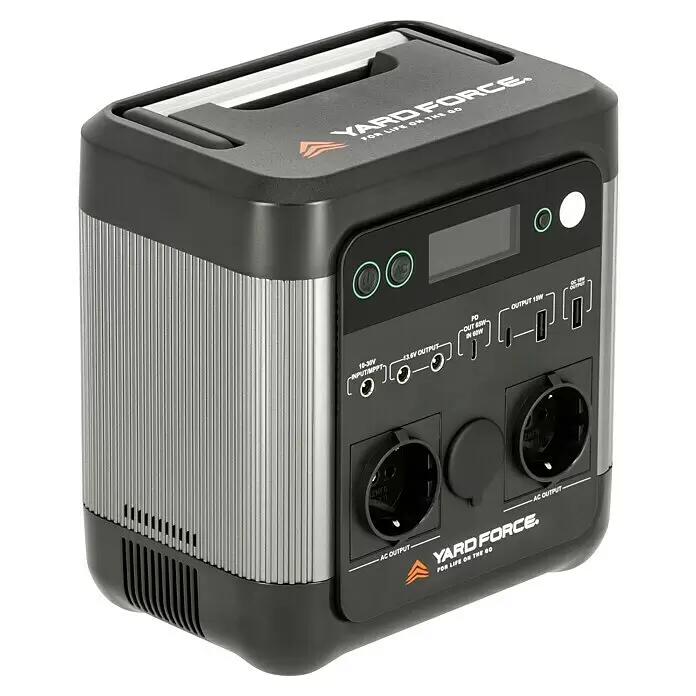 Yard Force Set Powerstation LX PS600 + Solarmodul Flex LX SPP20 - 518 Wh - Schwarze und silberne Yard Force Power Station mit mehreren Anschlüssen und Tragegriff zum Laden von Geräten.