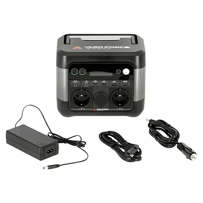 Yard Force Powerstation LX PS300 - 296 Wh, Nennleistung: 300 W, Max. Leistung: 550 W - Schwarze tragbare Powerstation mit Netzteil, Netzkabel und Autoladekabel.