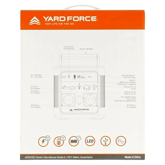 Yard Force Powerstation LX PS600 - 518 Wh, Nennleistung: 600 W, Max. Leistung: 1.200 W - Abbildung eines Yard Force-Produkts.