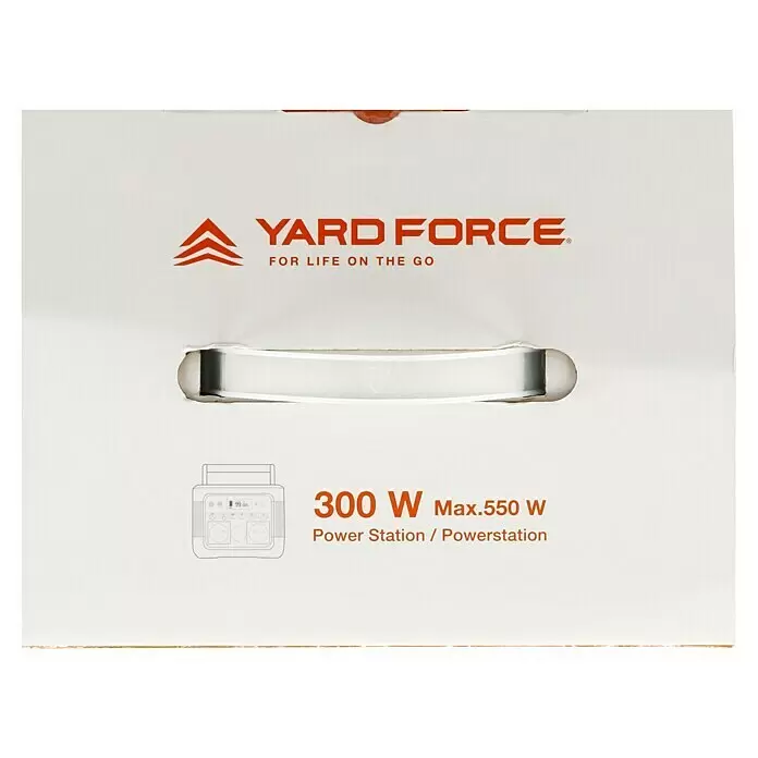Yard Force Powerstation LX PS300 - 296 Wh, Nennleistung: 300 W, Max. Leistung: 550 W - Weiße YARD FORCE Verpackung mit Griff, zeigt eine Strichzeichnung einer Powerstation und '300 W Max.550 W'.