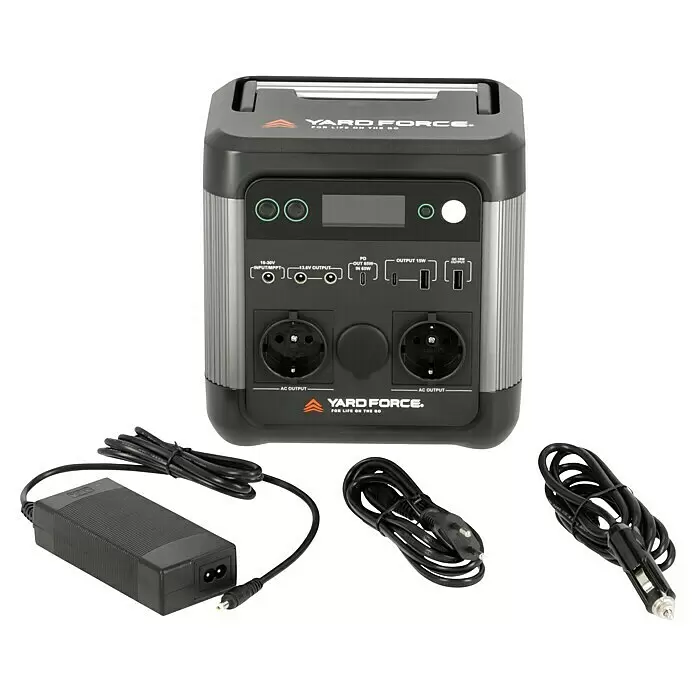 Yard Force Set Powerstation LX PS600 + Solarmodul Flex LX SPP20 - 518 Wh - Schwarze/graue tragbare Powerstation mit Ladekabeln, inkl. Netzteil, Autoladegerät und Netzkabel.