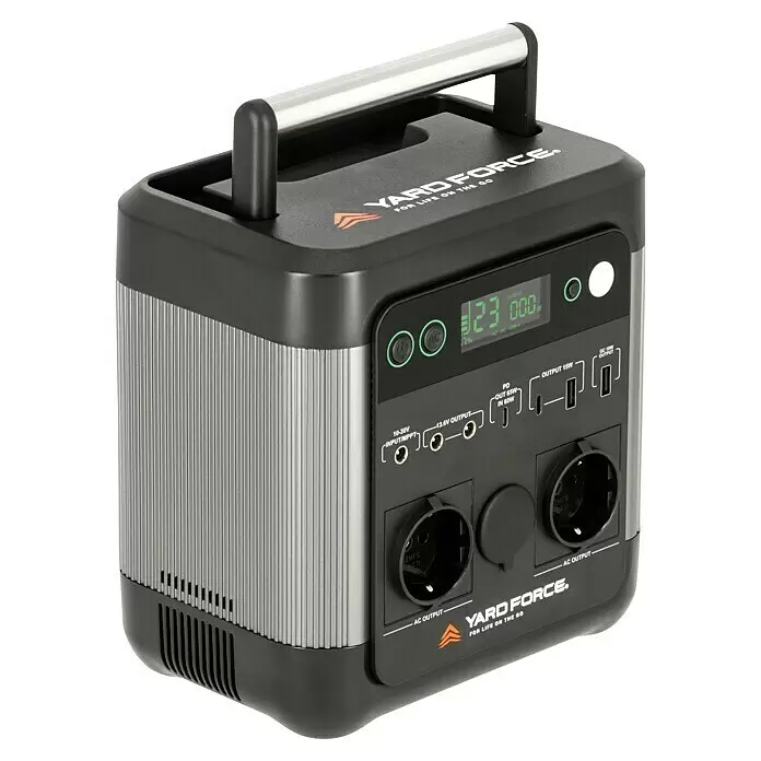 Yard Force Powerstation LX PS600 - 518 Wh, Nennleistung: 600 W, Max. Leistung: 1.200 W - Schwarze und silberne tragbare Powerstation mit Griff, Digitalanzeige und mehreren Anschlüssen.