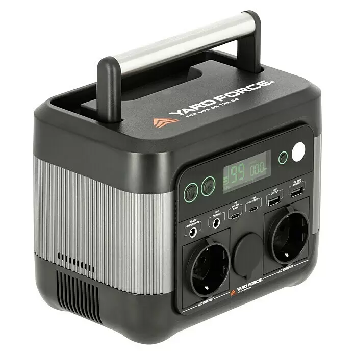 Yard Force Powerstation LX PS300 - 296 Wh, Nennleistung: 300 W, Max. Leistung: 550 W - Schwarze und graue tragbare Powerstation mit silbernem Griff, ausgestattet mit mehreren Steckdosen und Digitalanzeige.