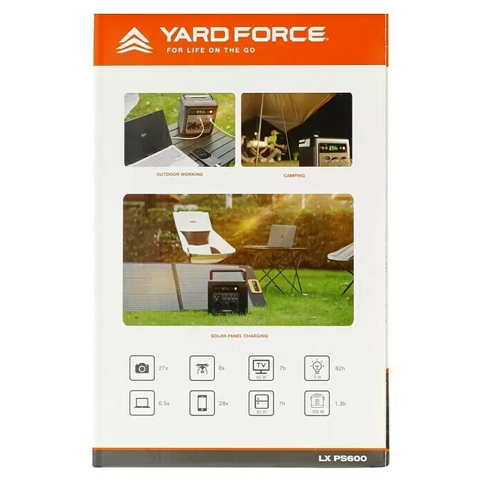 Yard Force Powerstation LX PS600 - 518 Wh, Nennleistung: 600 W, Max. Leistung: 1.200 W - YARD FORCE LX PS600 tragbare Powerstation im Einsatz für Outdoor-Arbeit, Camping und Solarladung, die ihre Vielseitigkeit zeigt.
