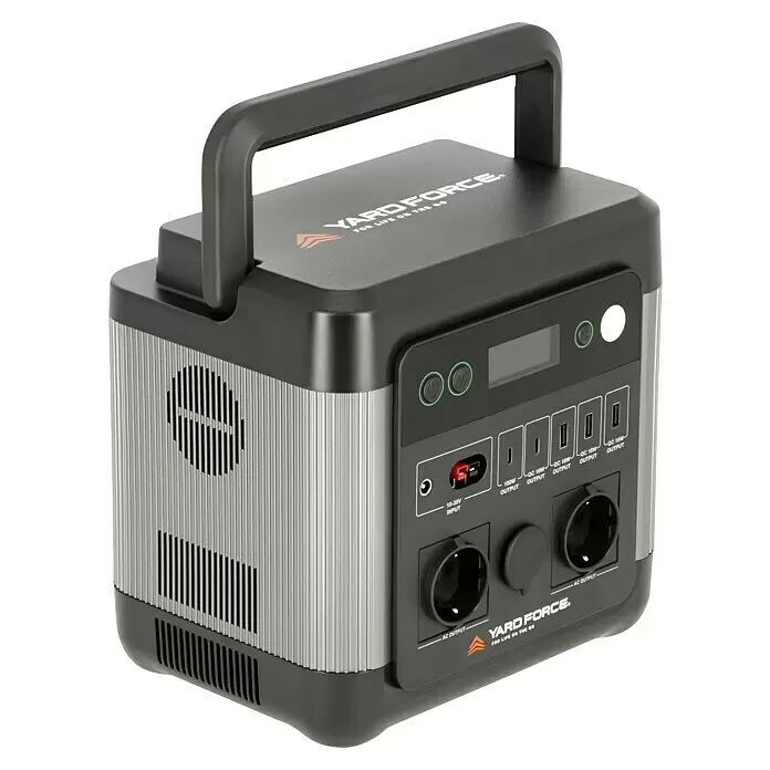 Yard Force Powerstation LX PS1200 - 974,4 Wh, Nennleistung: 1.200 W, Max. Leistung: 2.400 W - Eine dunkelgrau-silberne portable Powerstation mit Tragegriff und mehreren Stromanschlüssen.