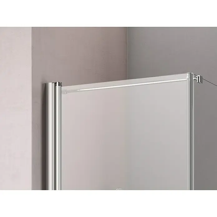 GEO Hit Eckdusche B-F100 - 90 x 80 x 202,2 cm, Beschichtet, Silber, Glasstärke: 6 mm, DIN Anschlag: Links - Nahaufnahme einer modernen Duschkabine mit klaren Linien und Chrombeschlägen, die ein elegantes Badezimmerdesign zeigt.
