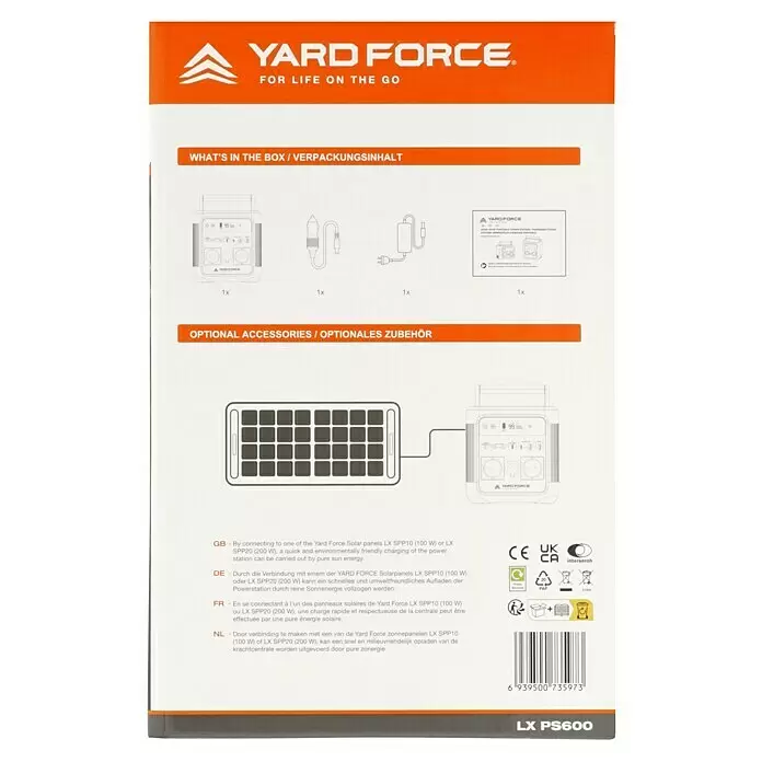 Yard Force Powerstation LX PS600 - 518 Wh, Nennleistung: 600 W, Max. Leistung: 1.200 W - Verpackung der Yard Force LX PS600 Powerstation mit Zubehör (Powerstation, Ladegeräte, Anleitung) und optionalem Solarladepanel.