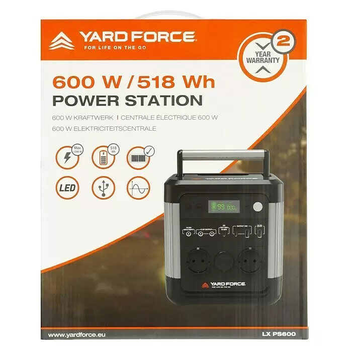 Yard Force Powerstation LX PS600 - 518 Wh, Nennleistung: 600 W, Max. Leistung: 1.200 W - Eine schwarz-silberne, tragbare Yard Force Powerstation, 600W/518Wh, mit mehreren Ausgängen und digitaler Anzeige.