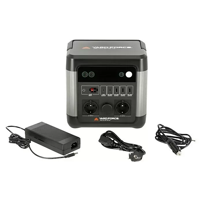 Yard Force Powerstation LX PS1200 - 974,4 Wh, Nennleistung: 1.200 W, Max. Leistung: 2.400 W - Schwarze und silberne tragbare Powerstation mit Netzteil, Stromkabel und Autoladekabel.