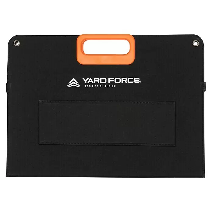 Yard Force Solarmodul Flex LX SPP10 - Max. Leistung: 100 W, 137 x 54 x 1,5 cm - Schwarzes faltbares Stromzubehör mit orangefarbenem Griff, weißem YARD FORCE Logo und Metallösen. Mit Vordertasche.
