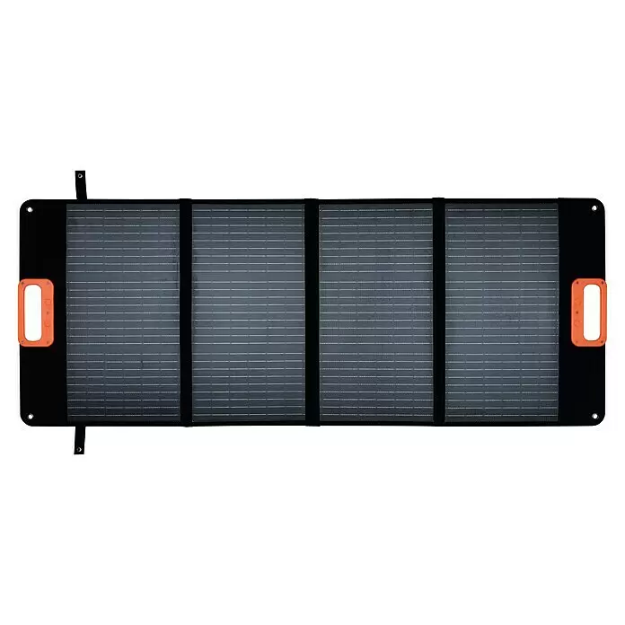 Yard Force Solarmodul Flex LX SPP10 - Max. Leistung: 100 W, 137 x 54 x 1,5 cm - Faltbares schwarzes Solarpanel mit vier dunklen Panels und orangefarbenen Griffen zum mobilen Laden.