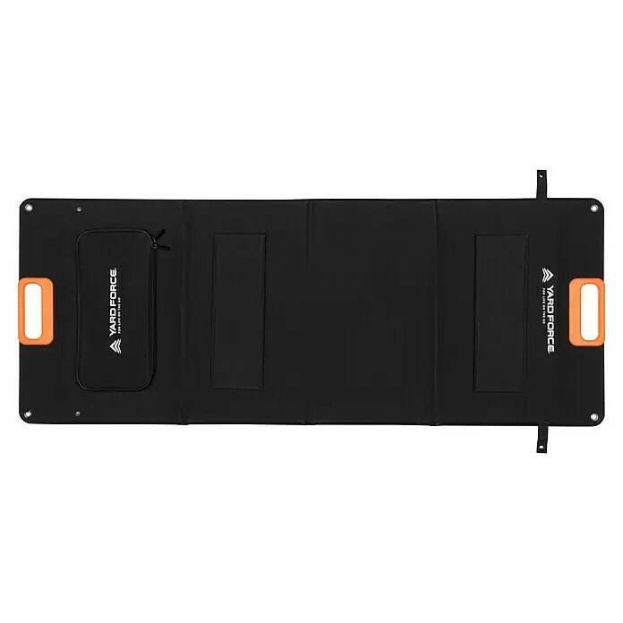 Yard Force Solarmodul Flex LX SPP10 - Max. Leistung: 100 W, 137 x 54 x 1,5 cm - Ausgeklapptes schwarzes tragbares Solarpanel mit orangefarbenen Griffen und YARD FORCE-Branding.