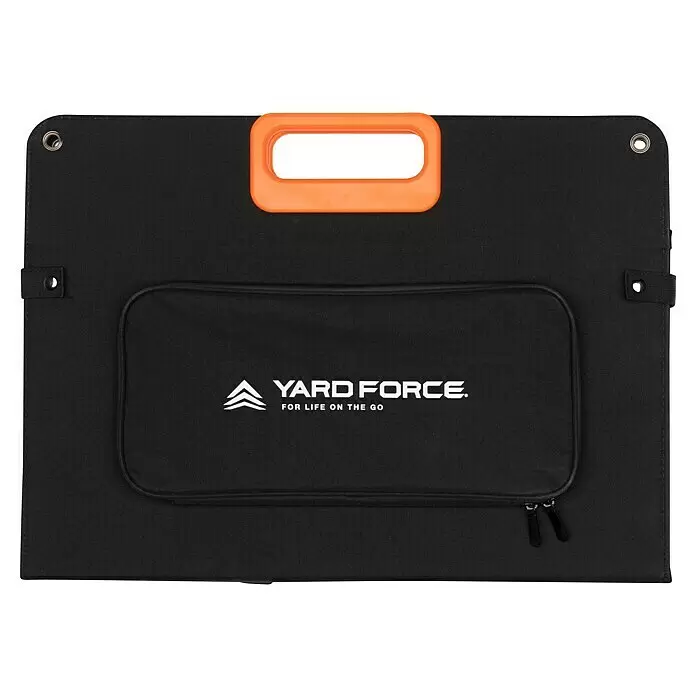 Yard Force Solarmodul Flex LX SPP10 - Max. Leistung: 100 W, 137 x 54 x 1,5 cm - Schwarzes faltbares Solarpanel mit orangefarbenem Griff, einer Reißverschlusstasche und Metallösen für den Transport.