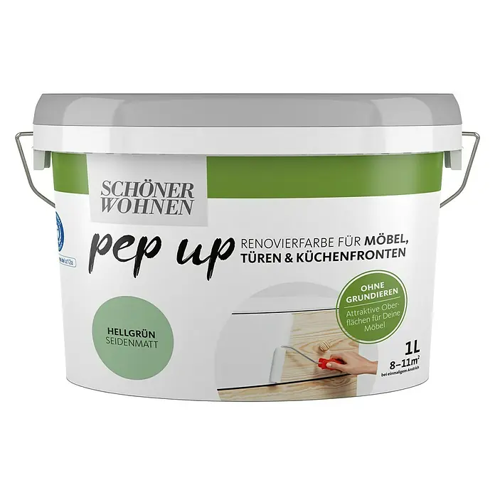 SCHÖNER WOHNEN-Farbe Pep up Weißlack für Möbel, Türen & Küchenfronten - Hellgrün, Seidenmatt, 1 l, Wasserbasiert - Produktbild eines Eimers "Schöner Wohnen pep up" Renovierfarbe in Hellgrün Seidenmatt für Möbel, Türen und Küchenfronten.