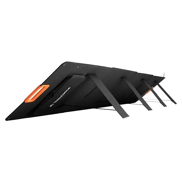 Yard Force Set Powerstation LX PS600 + Solarmodul Flex LX SPP20 - 518 Wh - Schwarzes faltbares Solarpanel mit orangem Griff und integrierten Ständern.